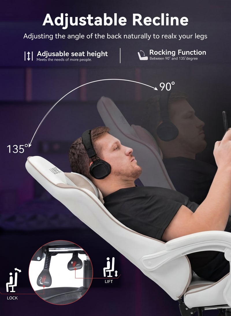 يو إل اتش واي سي كرسي ألعاب، كرسي كمبيوتر قابل للتعديل، كرسي كمبيوتر مكتبي، جلد صناعي، مسند ظهر مرتفع، دعم للفقرات القطنية، مساند ذراع مريحة، مسند رأس مع مسند للقدمين، دوران 360 درجة، أبيض ورمادي. - Image 4