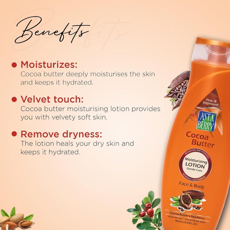 Astaberry Cocoa Butter Moisturizing Face Body Lotion 300ml Nourishes Hydrates Goodness of Cocoa Butter Bearberry Extract Removes Dryness makes skin Soft Pack of 2 2 x 300ml - Image 3