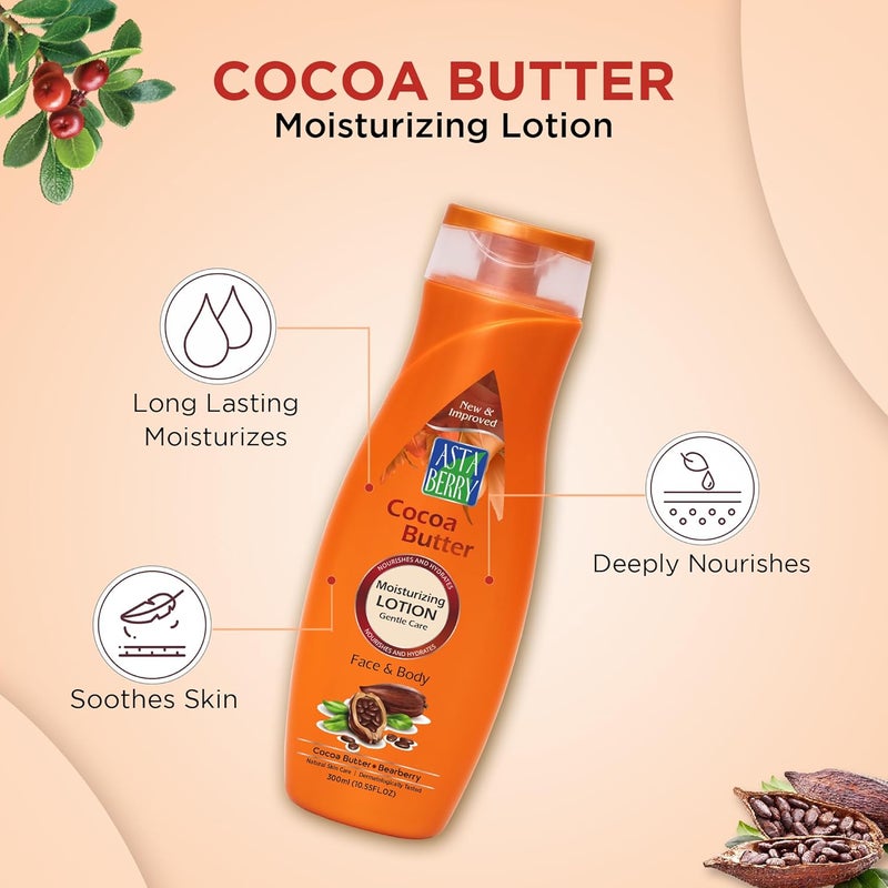 Astaberry Cocoa Butter Moisturizing Face Body Lotion 300ml Nourishes Hydrates Goodness of Cocoa Butter Bearberry Extract Removes Dryness makes skin Soft Pack of 2 2 x 300ml - Image 2