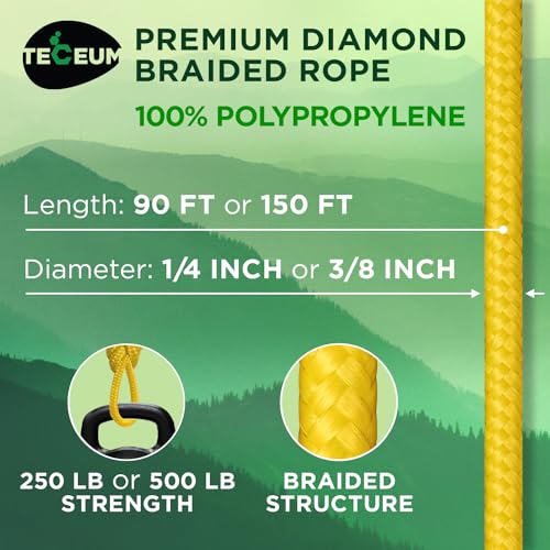 TECEUM Rope – 90 Feet x 1/4 Inch (7mm) – Yellow – Strong All-Purpose Utility Rope – Camping, Crafting, Flag Pole, Indoor & Outdoor – Polypropylene Nylon Poly Lightweight Diamond Braided Cord - Image 2