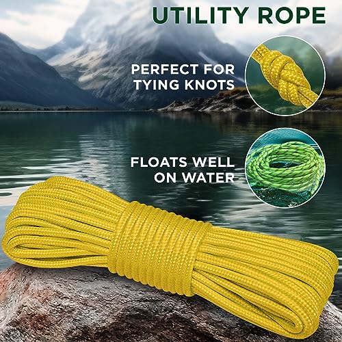TECEUM Rope – 90 Feet x 1/4 Inch (7mm) – Yellow – Strong All-Purpose Utility Rope – Camping, Crafting, Flag Pole, Indoor & Outdoor – Polypropylene Nylon Poly Lightweight Diamond Braided Cord - Image 3