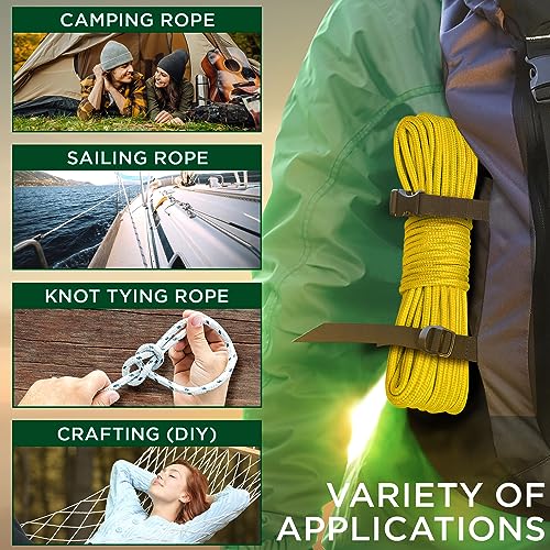 TECEUM Rope – 90 Feet x 1/4 Inch (7mm) – Yellow – Strong All-Purpose Utility Rope – Camping, Crafting, Flag Pole, Indoor & Outdoor – Polypropylene Nylon Poly Lightweight Diamond Braided Cord - Image 5