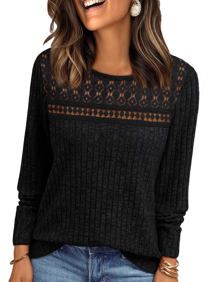 AUTOMET Womens Lace Long Sleeve Shirt Fall Top Fashion Dreesy Casual Tunic Sweaters Mesh Clothes Trendy Work Cute Outfits Black 2XL - Image 1