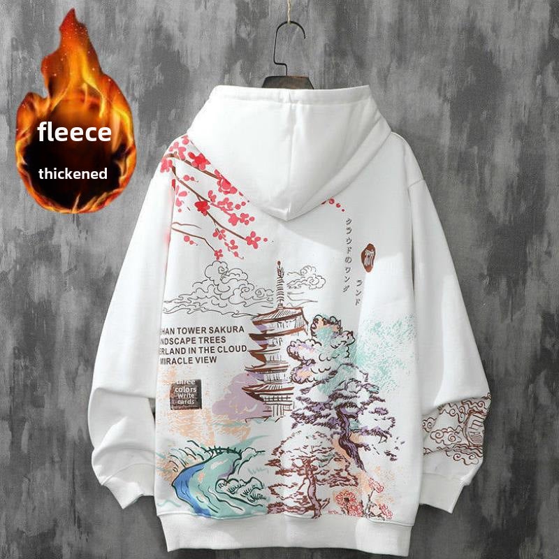 Mens Harajuku Hoodie Plus Velvet Hip Hop Loose Coat Cherry white [fleece-lined thickening]] 