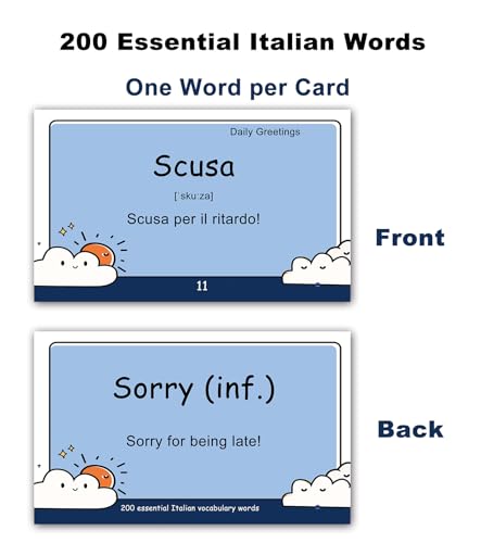 Docdeer 200 Essential Italian Words Vocabulary Flash Cards Flashcard for Beginners Adults Learn Italian for Beginners Adult - Image 5
