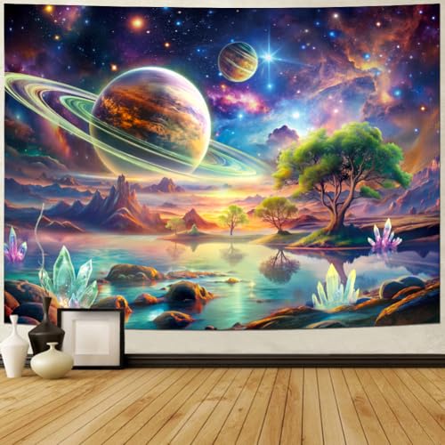 Lahasbja Blacklight Galaxy Space Tapestry UV Reactive Planet Wall Hanging Magical Trees Tapestries Cosmic Mountain Landscape Wall Decor Aesthetic Starry Night Backdrop for Bedroom - Image 3