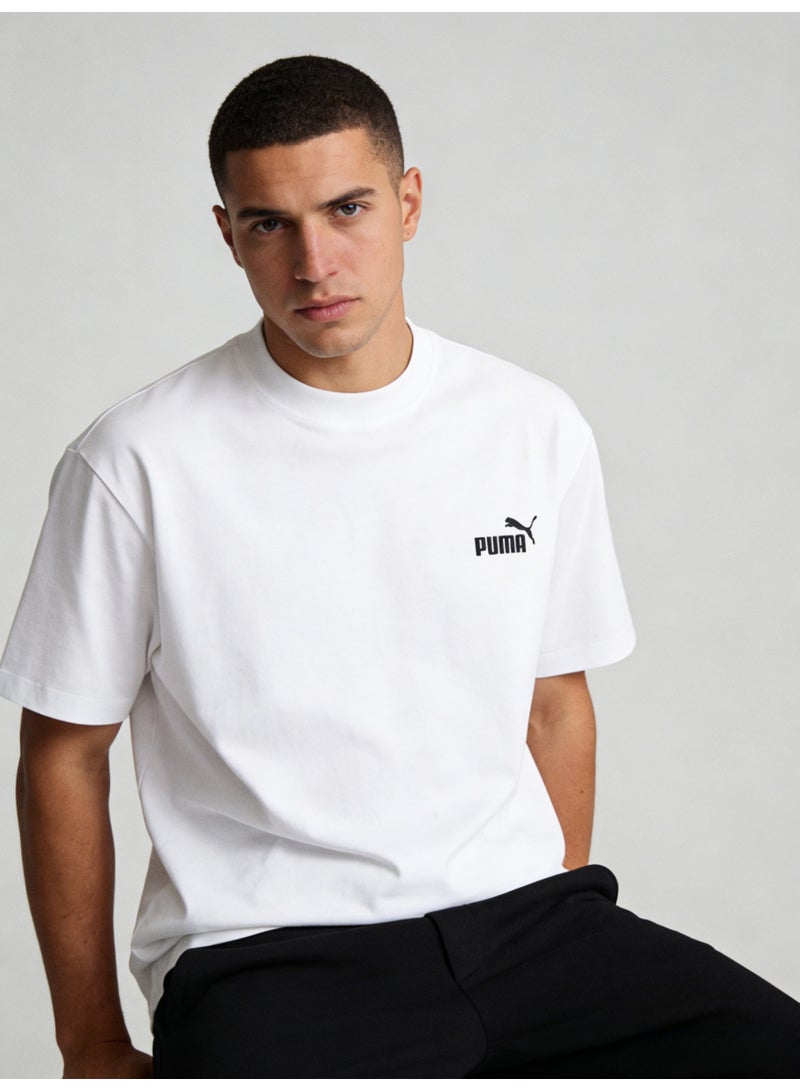 بوما PUMA Men's Classic Logo Crew Neck T-Shirt, White Cotton Relaxed Fit Short Sleeve Tee - Image 4