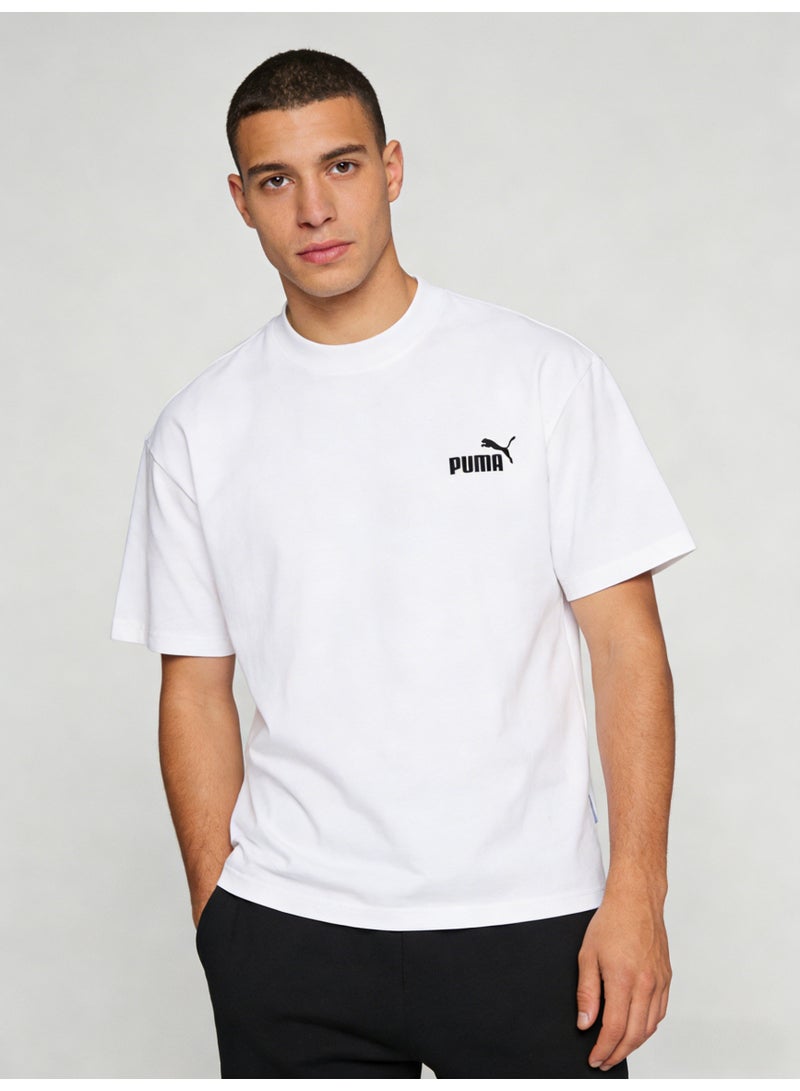 بوما PUMA Men's Classic Logo Crew Neck T-Shirt, White Cotton Relaxed Fit Short Sleeve Tee - Image 5