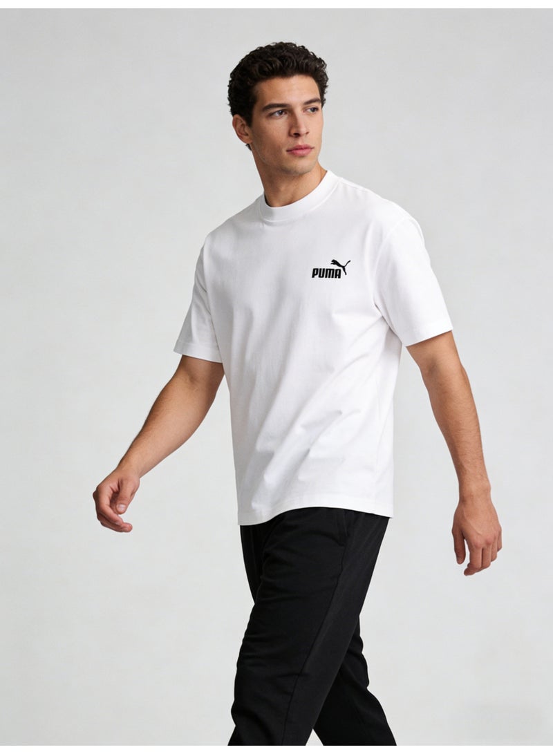 بوما PUMA Men's Classic Logo Crew Neck T-Shirt, White Cotton Relaxed Fit Short Sleeve Tee - Image 3