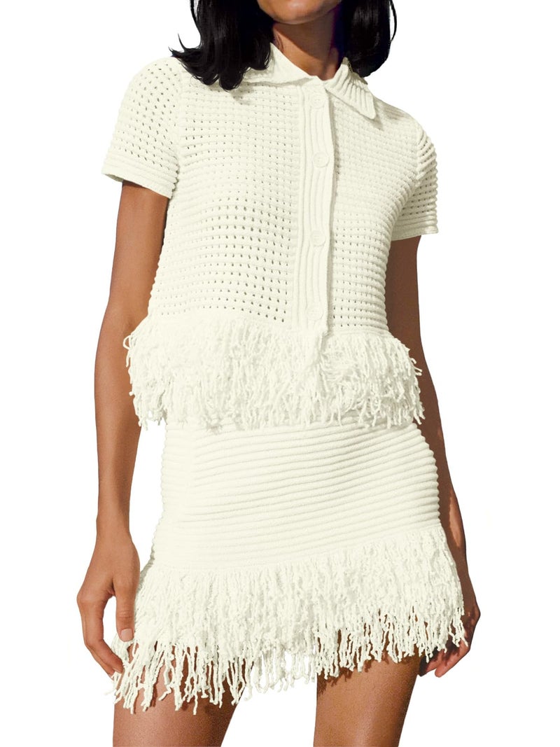 Fisoew Womens 2 Piece Crochet Outfits Short Sleeve Button Knit Sweater Tops Fringe Skirt Summer Vacation Sets Beach Cover Ups White - Image 1
