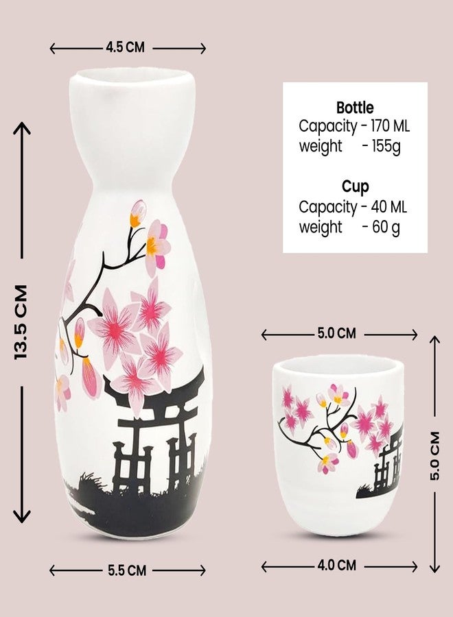Melbify Japanese Sake Flower Blossom Design Set | 1 Pc Sake Bottle(180 ml) & 4 Pc Sake Cup(45 ml) | Traditional Craftsmen's Hand Painted Design | Tokkuri Carafe & Cups | Ceramic Serving Gift Set - Image 3