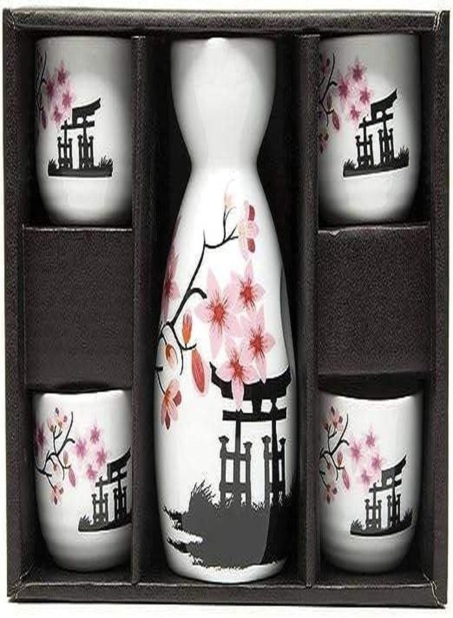 Melbify Japanese Sake Flower Blossom Design Set | 1 Pc Sake Bottle(180 ml) & 4 Pc Sake Cup(45 ml) | Traditional Craftsmen's Hand Painted Design | Tokkuri Carafe & Cups | Ceramic Serving Gift Set - Image 5