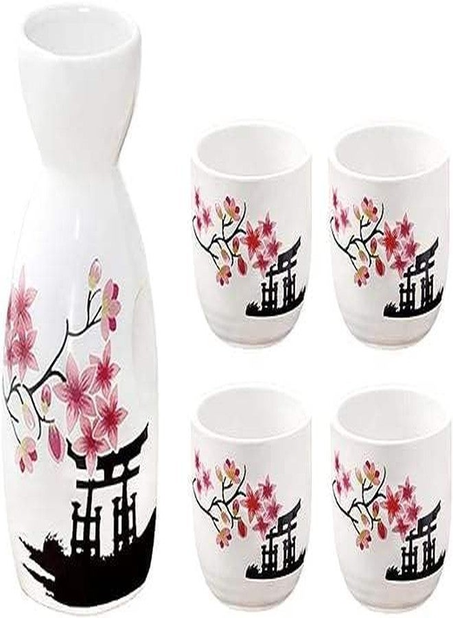 Melbify Japanese Sake Flower Blossom Design Set | 1 Pc Sake Bottle(180 ml) & 4 Pc Sake Cup(45 ml) | Traditional Craftsmen's Hand Painted Design | Tokkuri Carafe & Cups | Ceramic Serving Gift Set - Image 1