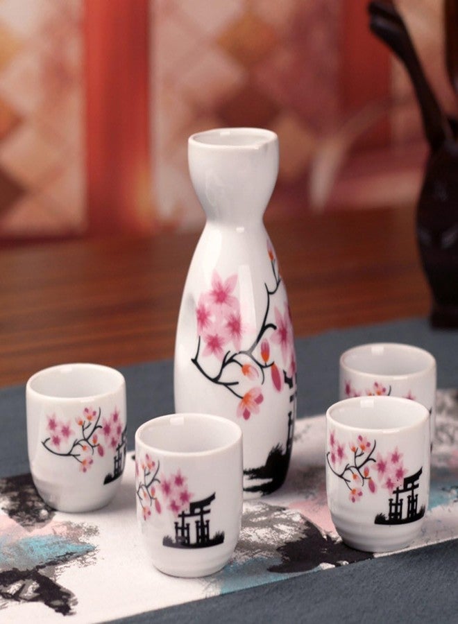 Melbify Japanese Sake Flower Blossom Design Set | 1 Pc Sake Bottle(180 ml) & 4 Pc Sake Cup(45 ml) | Traditional Craftsmen's Hand Painted Design | Tokkuri Carafe & Cups | Ceramic Serving Gift Set - Image 2