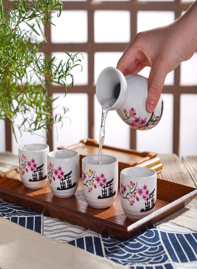 Melbify Japanese Sake Flower Blossom Design Set | 1 Pc Sake Bottle(180 ml) & 4 Pc Sake Cup(45 ml) | Traditional Craftsmen's Hand Painted Design | Tokkuri Carafe & Cups | Ceramic Serving Gift Set - Image 4