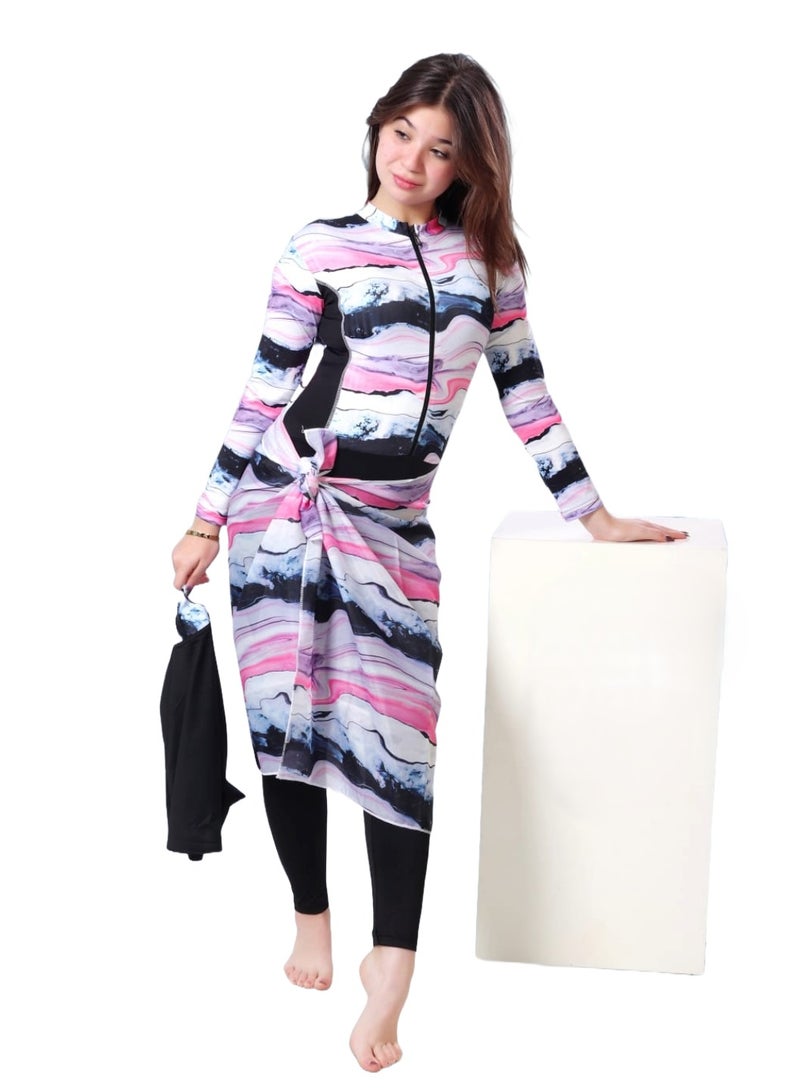 3-Piece Girls Burkini – Full Coverage Swimsuit with Hijab and Hip Wrap – Stretch Fabric – Ages 11 to 16 – Modest Swimwear - Image 1