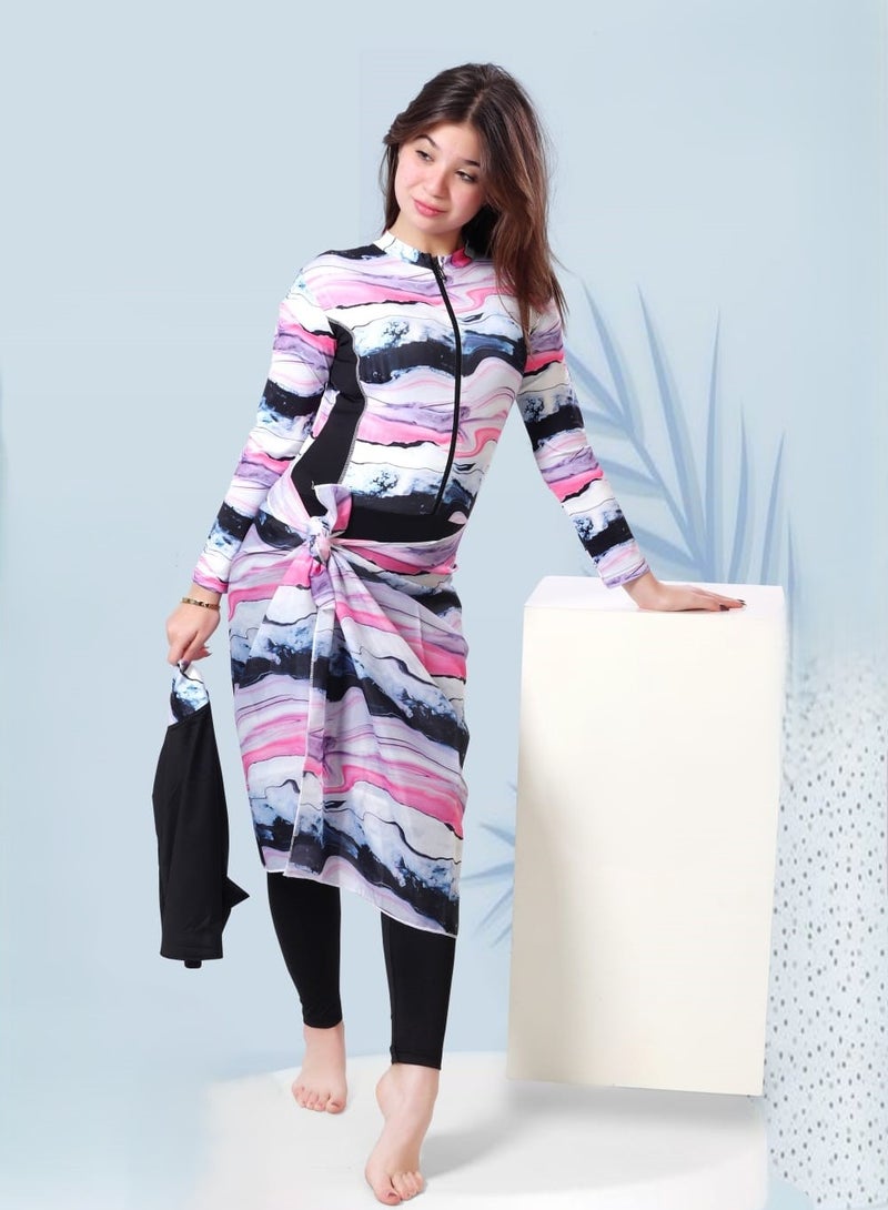 3-Piece Girls Burkini – Full Coverage Swimsuit with Hijab and Hip Wrap – Stretch Fabric – Ages 11 to 16 – Modest Swimwear - Image 3