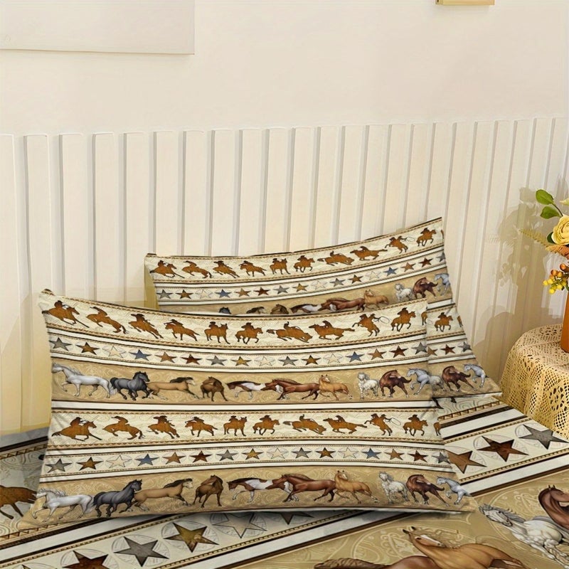 3 Piece Bed Sheet Set With Western Horse Shadow Pattern Mattress Protector Including 1 Fitted Sheet And 2 Pillowcases No Insert Mixed Color Available In Size 55.12 By 78.74 Inches Stylish Soft And Comfortable Bedding Skin Friendly And Breathable - Image 5