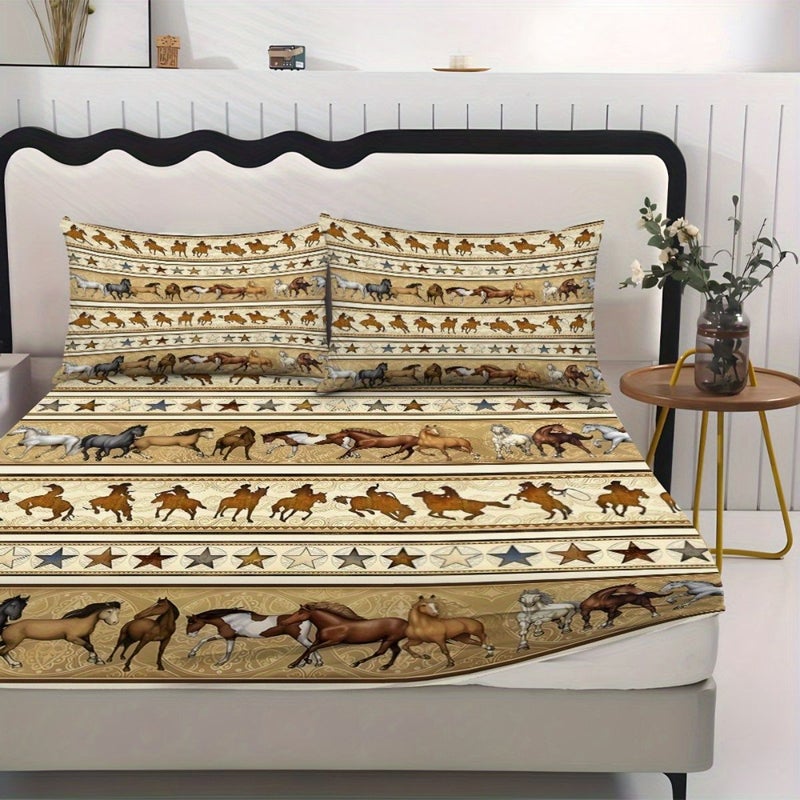 3 Piece Bed Sheet Set With Western Horse Shadow Pattern Mattress Protector Including 1 Fitted Sheet And 2 Pillowcases No Insert Mixed Color Available In Size 55.12 By 78.74 Inches Stylish Soft And Comfortable Bedding Skin Friendly And Breathable - Image 4