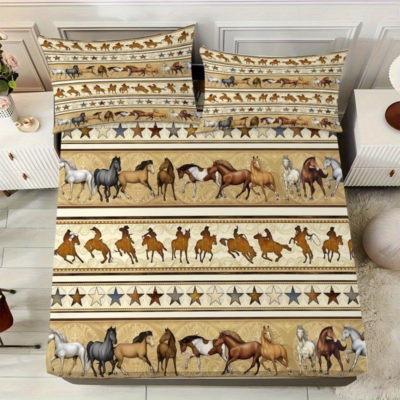 3 Piece Bed Sheet Set With Western Horse Shadow Pattern Mattress Protector Including 1 Fitted Sheet And 2 Pillowcases No Insert Mixed Color Available In Size 55.12 By 78.74 Inches Stylish Soft And Comfortable Bedding Skin Friendly And Breathable - Image 1