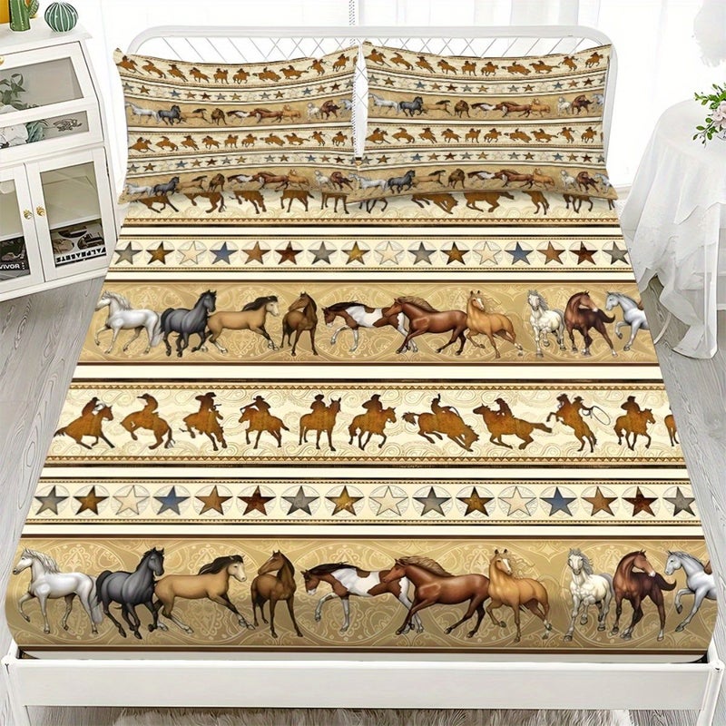 3 Piece Bed Sheet Set With Western Horse Shadow Pattern Mattress Protector Including 1 Fitted Sheet And 2 Pillowcases No Insert Mixed Color Available In Size 55.12 By 78.74 Inches Stylish Soft And Comfortable Bedding Skin Friendly And Breathable - Image 2