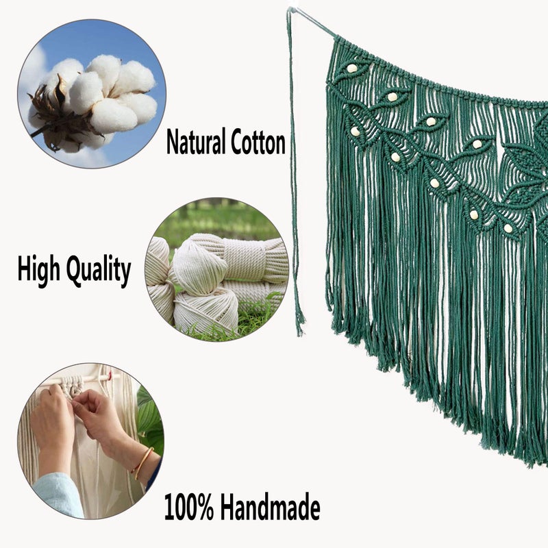 Youngeast Home Decor Leaf Shape Macrame Wall Hanging Woven Tapestry Bedroom Curtain Fringe Garland Banner Living Room Wall Decor Dark Green 39X31 Inches - Image 3