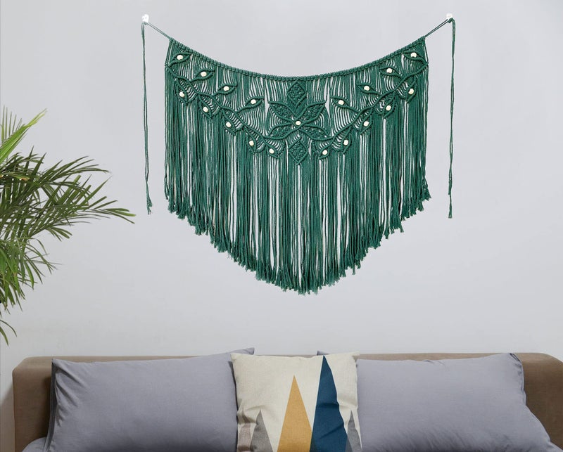 Youngeast Home Decor Leaf Shape Macrame Wall Hanging Woven Tapestry Bedroom Curtain Fringe Garland Banner Living Room Wall Decor Dark Green 39X31 Inches - Image 5