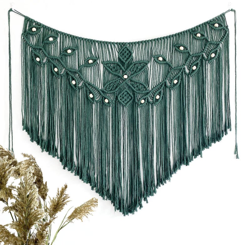 Youngeast Home Decor Leaf Shape Macrame Wall Hanging Woven Tapestry Bedroom Curtain Fringe Garland Banner Living Room Wall Decor Dark Green 39X31 Inches - Image 1
