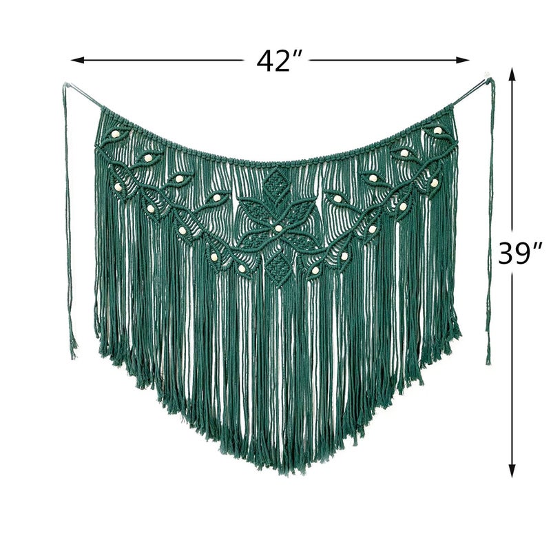 Youngeast Home Decor Leaf Shape Macrame Wall Hanging Woven Tapestry Bedroom Curtain Fringe Garland Banner Living Room Wall Decor Dark Green 39X31 Inches - Image 2