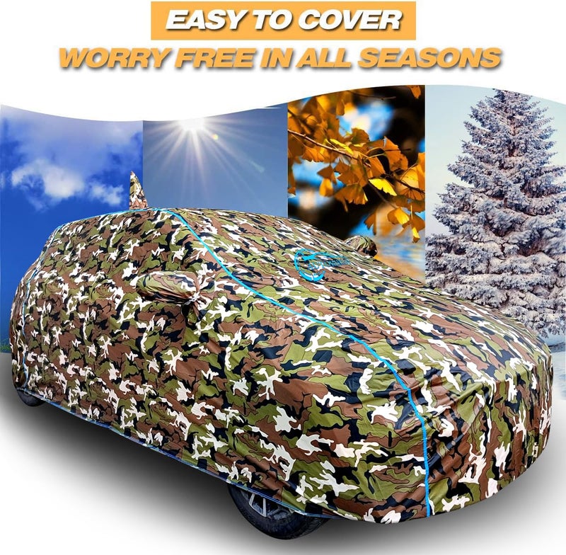 AUTOBIRSA Waterproof Car Body Cover Compatible for Honda Amaze New with Mirror Pocket and Antenna Pocket, Triple Stitched (Jungle Print with Blue Piping Design) - Image 3