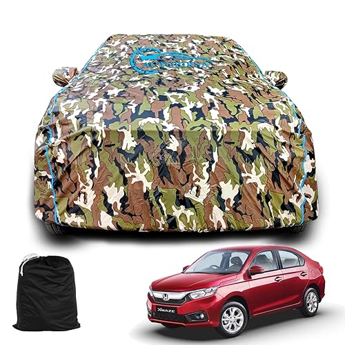 AUTOBIRSA Waterproof Car Body Cover Compatible for Honda Amaze New with Mirror Pocket and Antenna Pocket, Triple Stitched (Jungle Print with Blue Piping Design) - Image 1