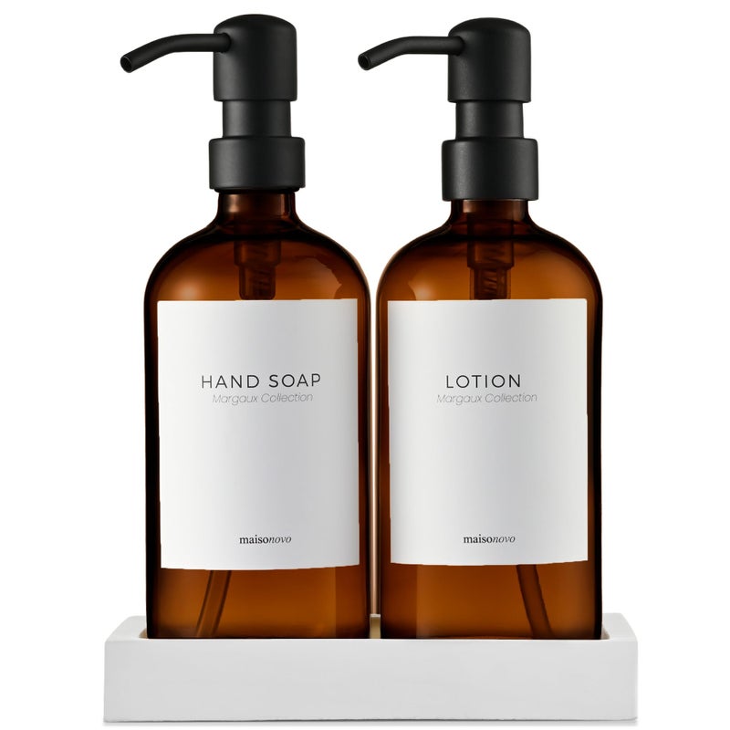 MAISONOVO MaisoNovo Soap Dispenser 3-Piece Set | 16.9oz Amber Bottles with Black Stainless Steel Pumps  - Image 1