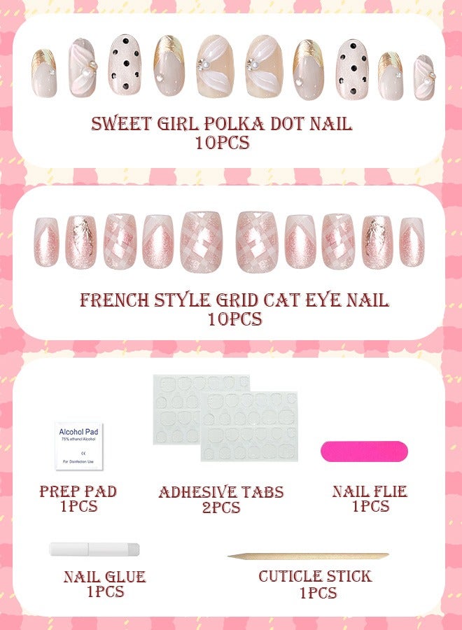 SAROR Press On Nails 20pcs，10pcs French style grid Cat Eye Nail Art，10Pcs Sweet Girl polka dot Nail Art，with glue kit and Disposable Press on Nail Tool Kit. - Image 3