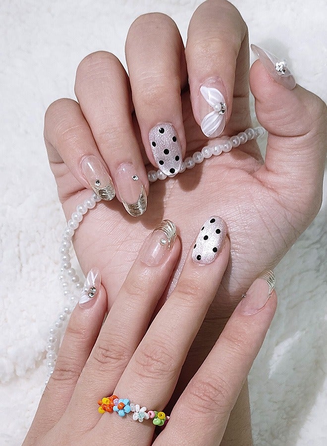 SAROR Press On Nails 20pcs，10pcs French style grid Cat Eye Nail Art，10Pcs Sweet Girl polka dot Nail Art，with glue kit and Disposable Press on Nail Tool Kit. - Image 4
