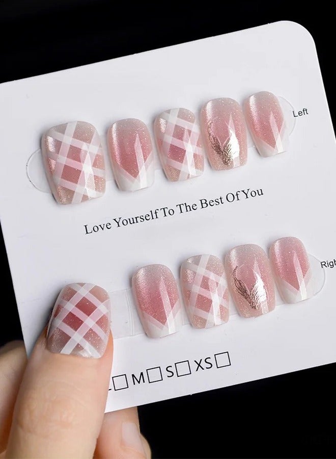 SAROR Press On Nails 20pcs，10pcs French style grid Cat Eye Nail Art，10Pcs Sweet Girl polka dot Nail Art，with glue kit and Disposable Press on Nail Tool Kit. - Image 5