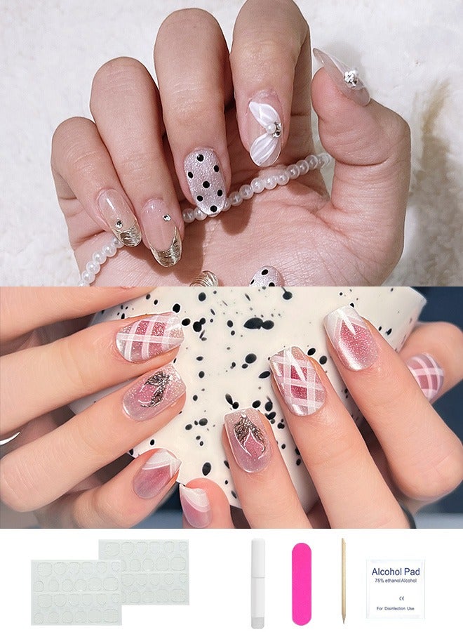 SAROR Press On Nails 20pcs，10pcs French style grid Cat Eye Nail Art，10Pcs Sweet Girl polka dot Nail Art，with glue kit and Disposable Press on Nail Tool Kit. - Image 1