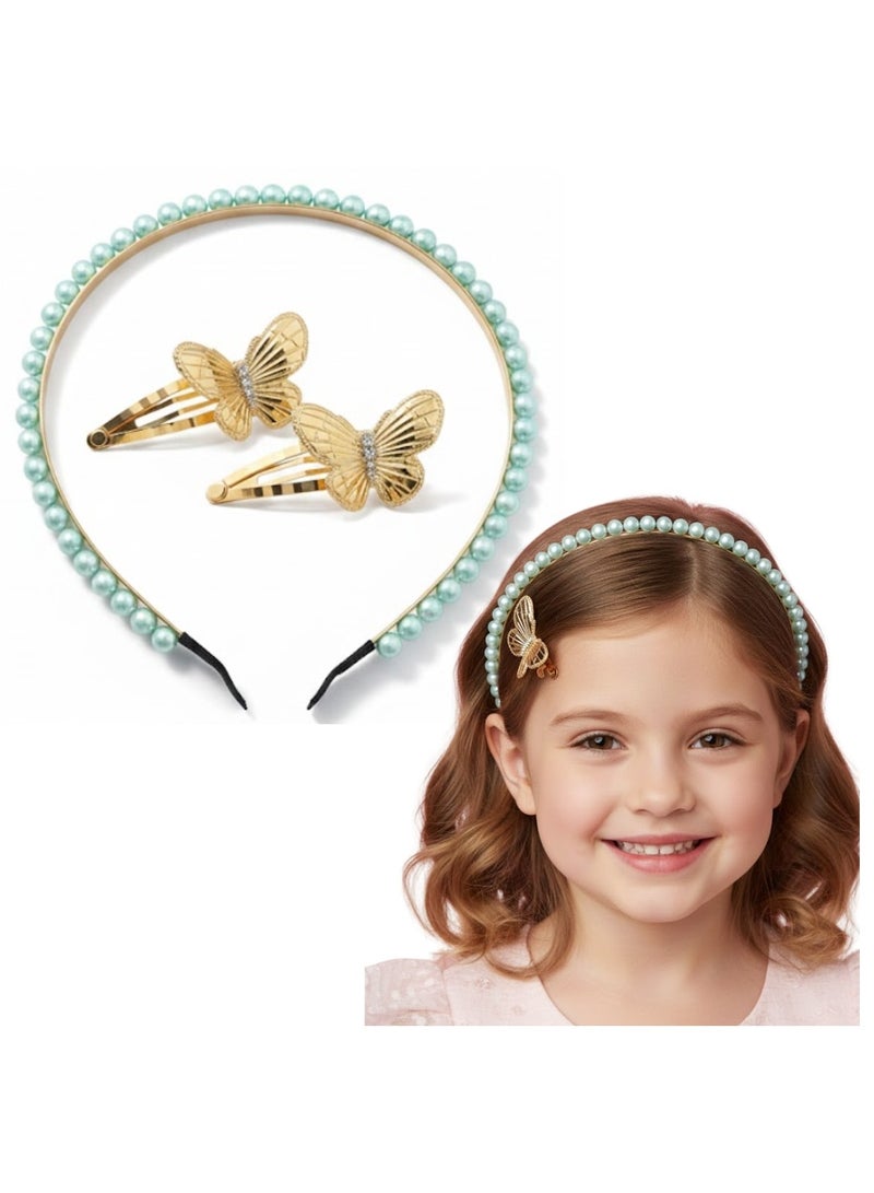 ألم الأسنان 3 Pcs Girls Hairbands & Butterfly Hair Clips Set – Cute Hair Accessory Pack for Kids, Soft Comfortable Pearl Headband with Sparkling Gold Butterfly Clips, Perfect for Thick and Thin Hair, Perfect for Kids, Toddlers & Little Girls Party, School & Daily Wear – Green Color - Image 1