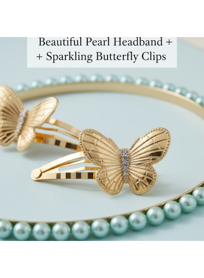 ألم الأسنان 3 Pcs Girls Hairbands & Butterfly Hair Clips Set – Cute Hair Accessory Pack for Kids, Soft Comfortable Pearl Headband with Sparkling Gold Butterfly Clips, Perfect for Thick and Thin Hair, Perfect for Kids, Toddlers & Little Girls Party, School & Daily Wear – Green Color - Image 2