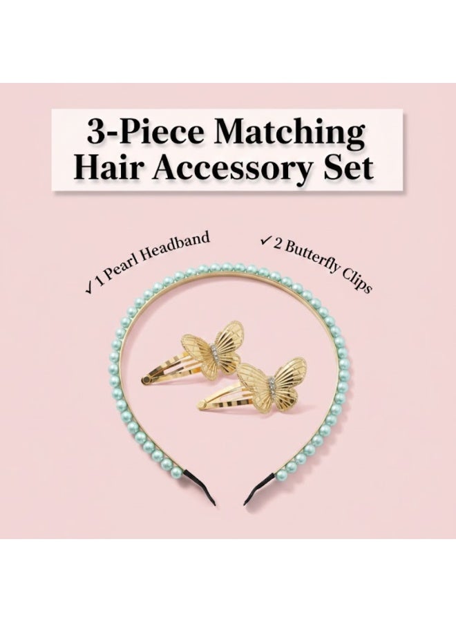 ألم الأسنان 3 Pcs Girls Hairbands & Butterfly Hair Clips Set – Cute Hair Accessory Pack for Kids, Soft Comfortable Pearl Headband with Sparkling Gold Butterfly Clips, Perfect for Thick and Thin Hair, Perfect for Kids, Toddlers & Little Girls Party, School & Daily Wear – Green Color - Image 3