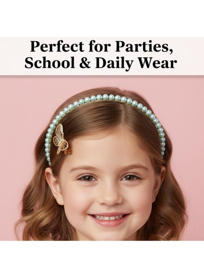 ألم الأسنان 3 Pcs Girls Hairbands & Butterfly Hair Clips Set – Cute Hair Accessory Pack for Kids, Soft Comfortable Pearl Headband with Sparkling Gold Butterfly Clips, Perfect for Thick and Thin Hair, Perfect for Kids, Toddlers & Little Girls Party, School & Daily Wear – Green Color - Image 4