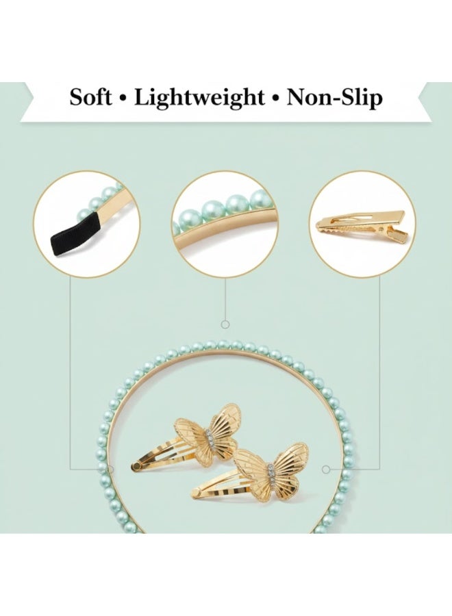 ألم الأسنان 3 Pcs Girls Hairbands & Butterfly Hair Clips Set – Cute Hair Accessory Pack for Kids, Soft Comfortable Pearl Headband with Sparkling Gold Butterfly Clips, Perfect for Thick and Thin Hair, Perfect for Kids, Toddlers & Little Girls Party, School & Daily Wear – Green Color - Image 5