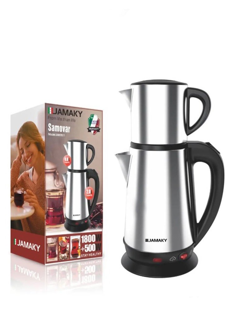 JAMAKY Electric Double kettle with Italian technology (0.8L - 500W), (2L - 1800W) High stainless steel housing ,Samovar JMK9511 can withstand high heat and an elegant design that adds a touch of beauty in the office or home , Easy to use and fast in performance - Image 2