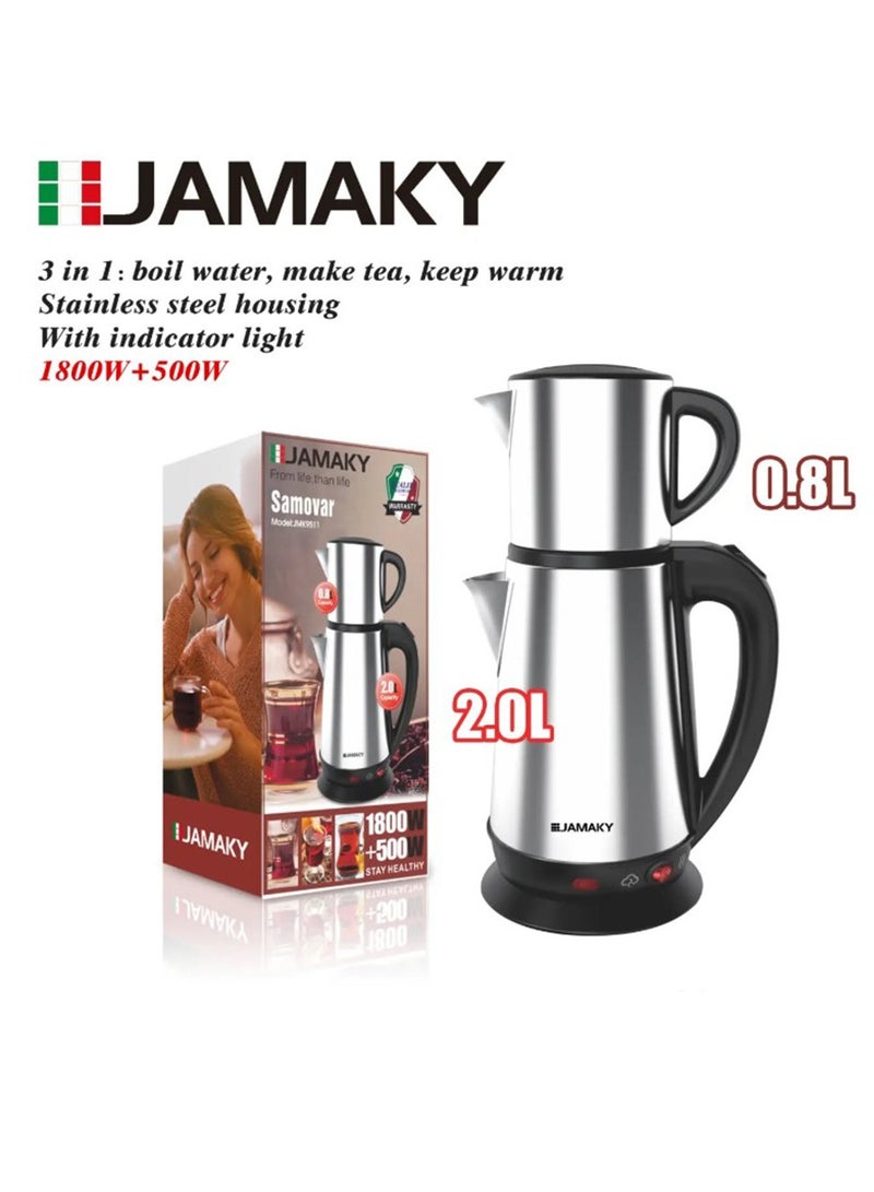 JAMAKY Electric Double kettle with Italian technology (0.8L - 500W), (2L - 1800W) High stainless steel housing ,Samovar JMK9511 can withstand high heat and an elegant design that adds a touch of beauty in the office or home , Easy to use and fast in performance - Image 3