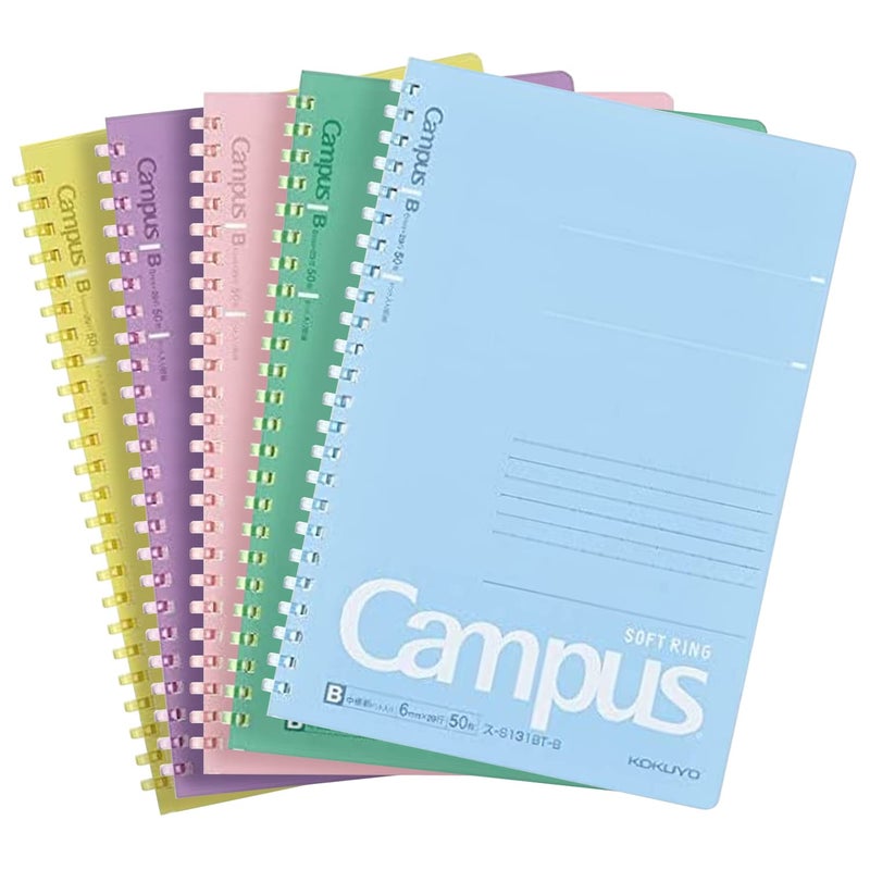 KOKUYO Spiral Lined Notebook, 5 Pack 8.3'' x 5.8'' Pastel Journal A5 Campus Soft Ring Notebooks with Dot 6 mm Ruled, 50 Sheets, 1 Subject Notebook, Note Taking for School. Japan Import (SU-S131BT) - Image 1