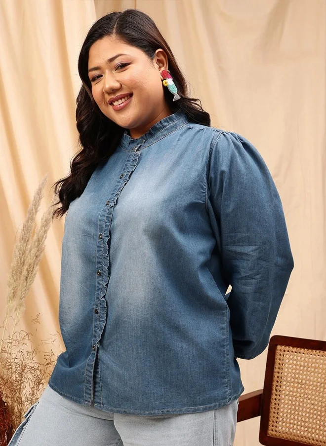 CURVY STREET قميص قطني مريح أزرق للنساء