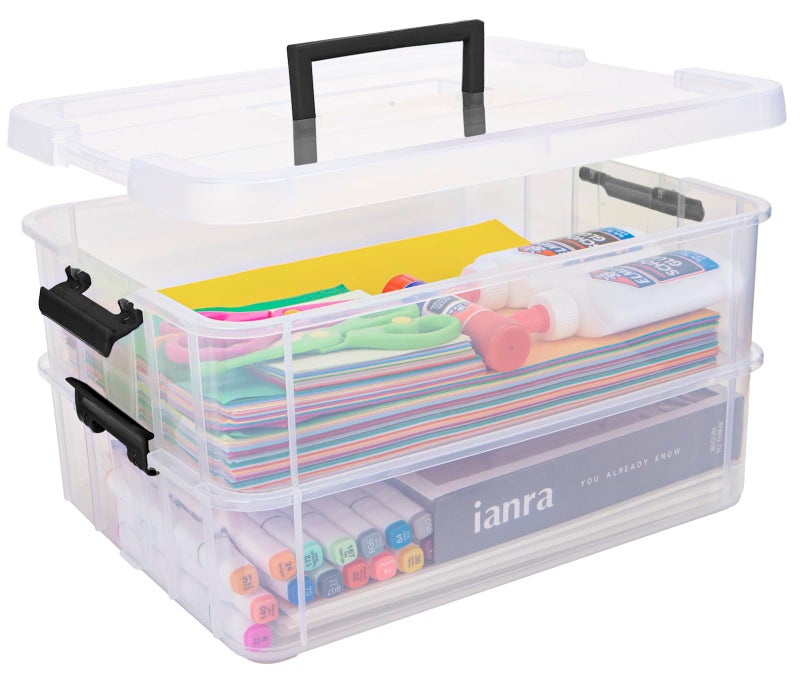TERGOO 2 Layer Plastic Storage Containers with Lids, Multipurpose Clear Stack & Carry Box, Portable Craft Organizers and Storage Bin for Organizing Art & Craft, Sewing, Makeup, Nail Supplies (Black) - Image 1
