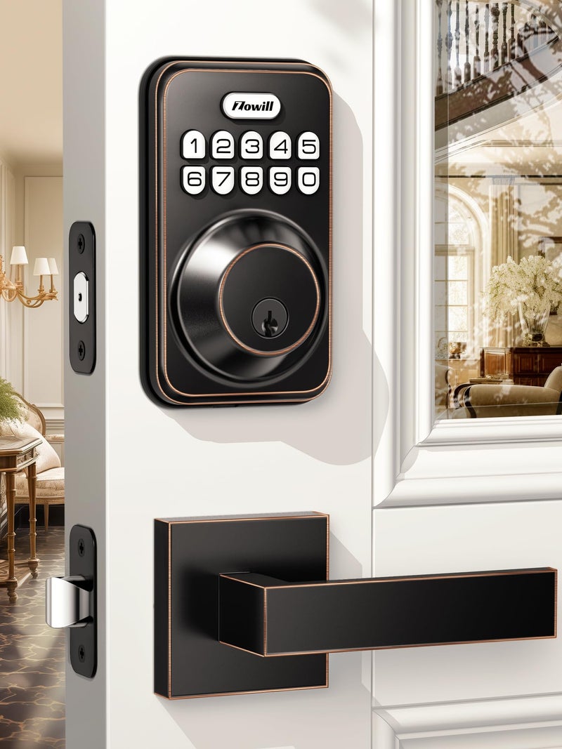 Zowill Keyless Entry Door Lock with 2 Lever Handles, Electronic Keypad Deadbolt, Auto-Locking, Anti-Peeping Password, Digital Code Door Lock, Front Door Handle Sets, OilRubbed Bronze - Image 1