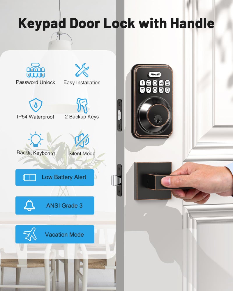 Zowill Keyless Entry Door Lock with 2 Lever Handles, Electronic Keypad Deadbolt, Auto-Locking, Anti-Peeping Password, Digital Code Door Lock, Front Door Handle Sets, OilRubbed Bronze - Image 5