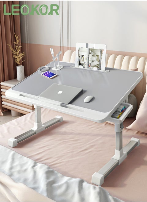 Large Laptop Table for Bed, Adjustable in Five Levels Foldable Laptop Stand, Tray for Eating and Laptops, Portable Lap Desk with USB Charging