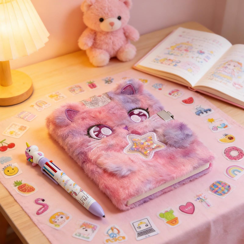 EABUY Diary for Girls with Lock and Keys, Kids Journal School Travel Notebook Gift Set for Writing and Drawing, Multicolored Pen, Stickers, Birthday Gift for Girls (purple-cat) - Image 5